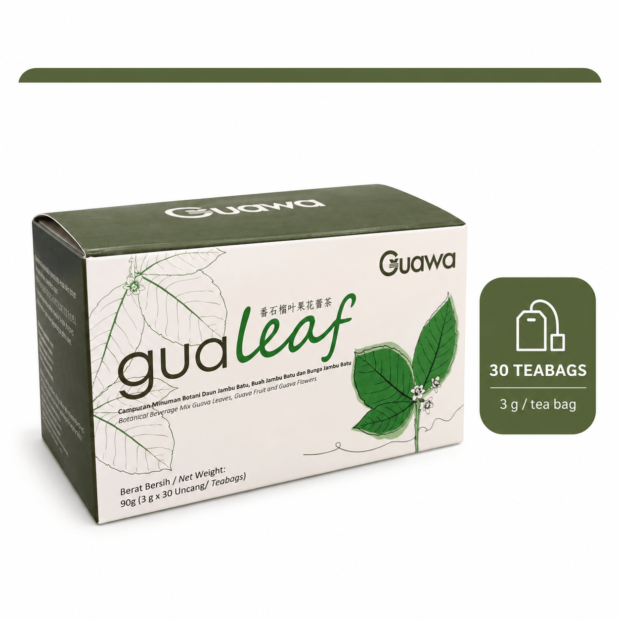 Gualeaf guava leaf and flower bud tea: one box of 30 sachets, 3 g each.