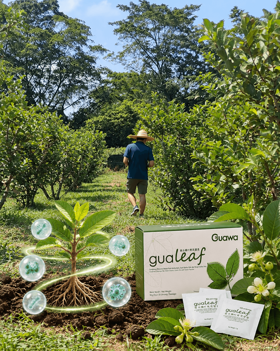 GUAWA orchard scene with Gualeaf tea packaging.